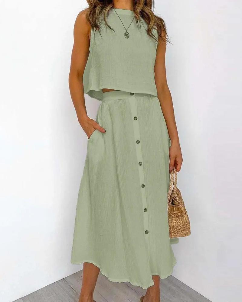 

Plain Button Design Top & Skirt Sets, Green