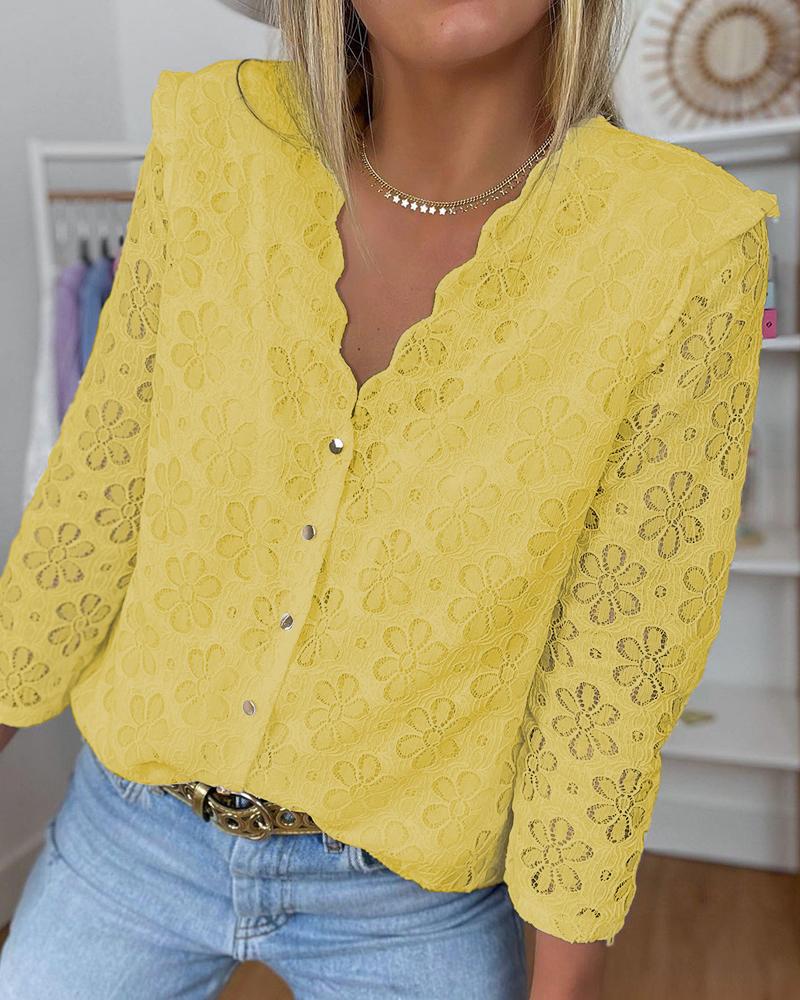 

Button Design Floral Pattern Lace Casual Top, Yellow