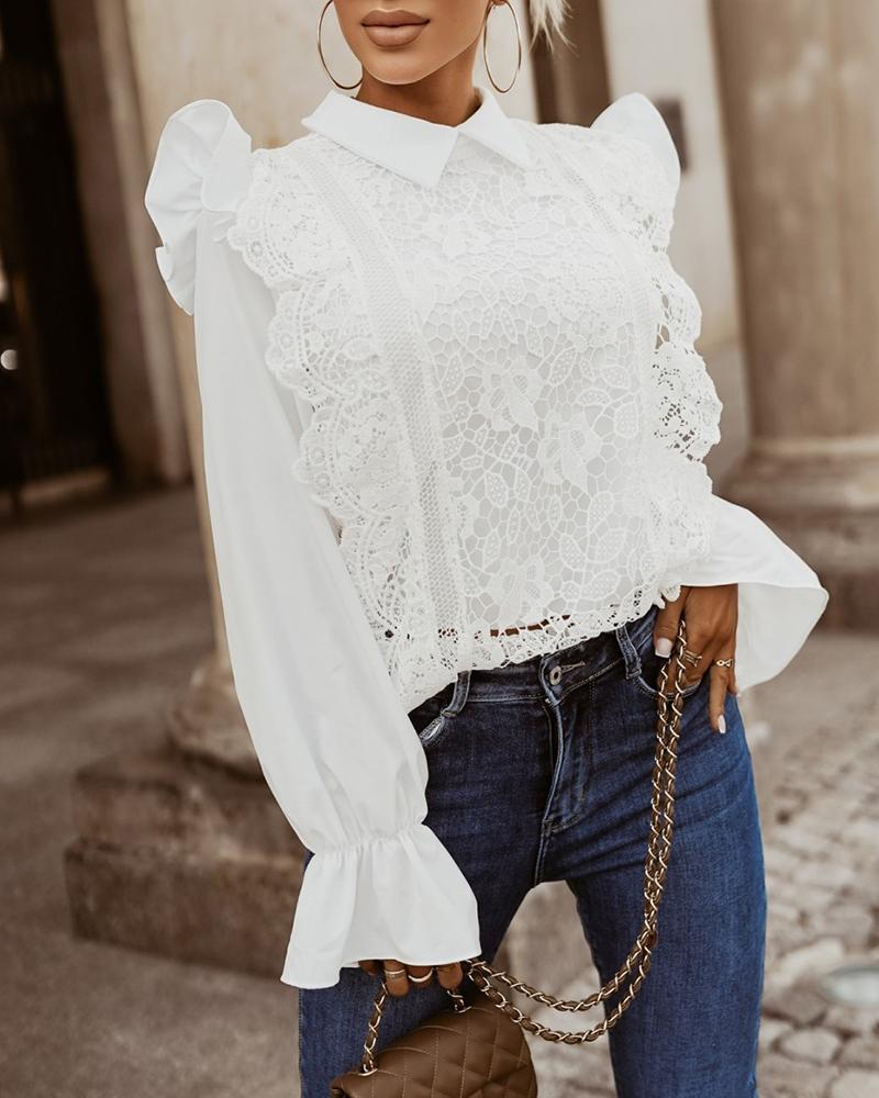 

Ruffle Hem Long Sleeve Lace Shirt, White