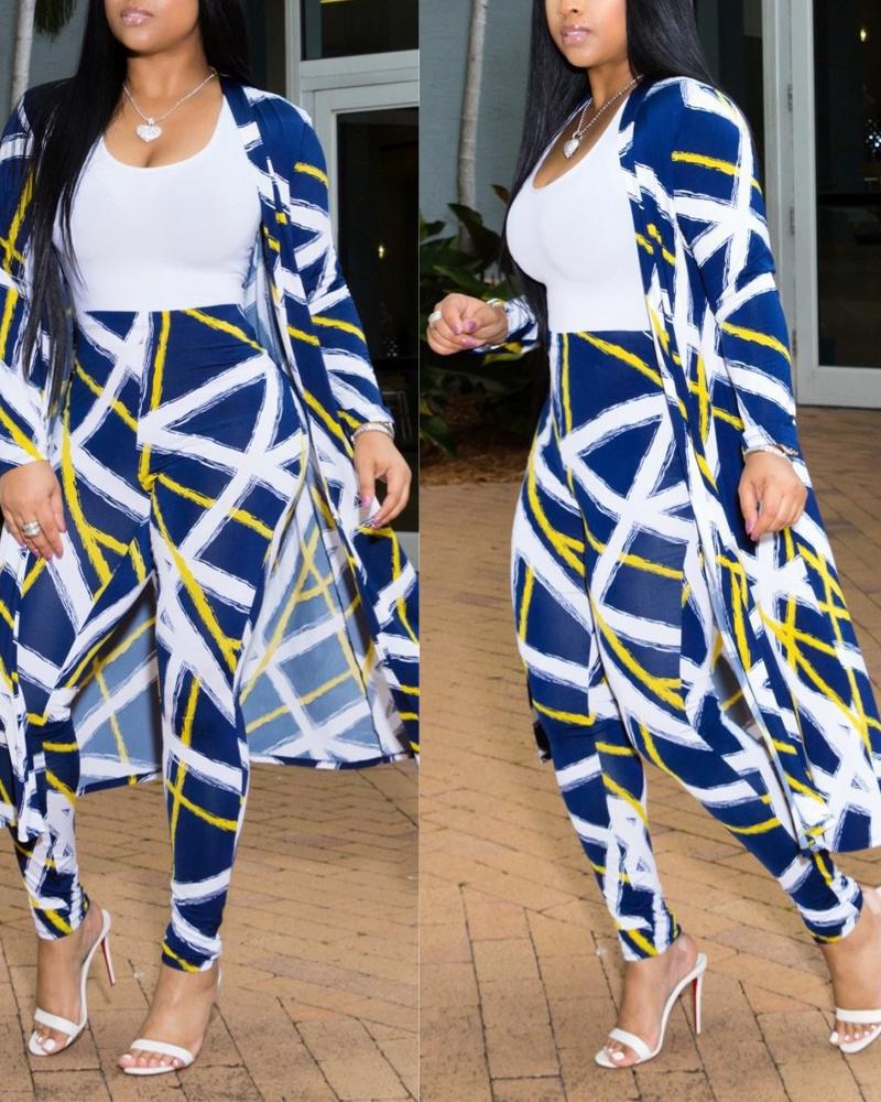 

Plus Size Geometric Print Open Front Longline Top & Pants Set, Blue