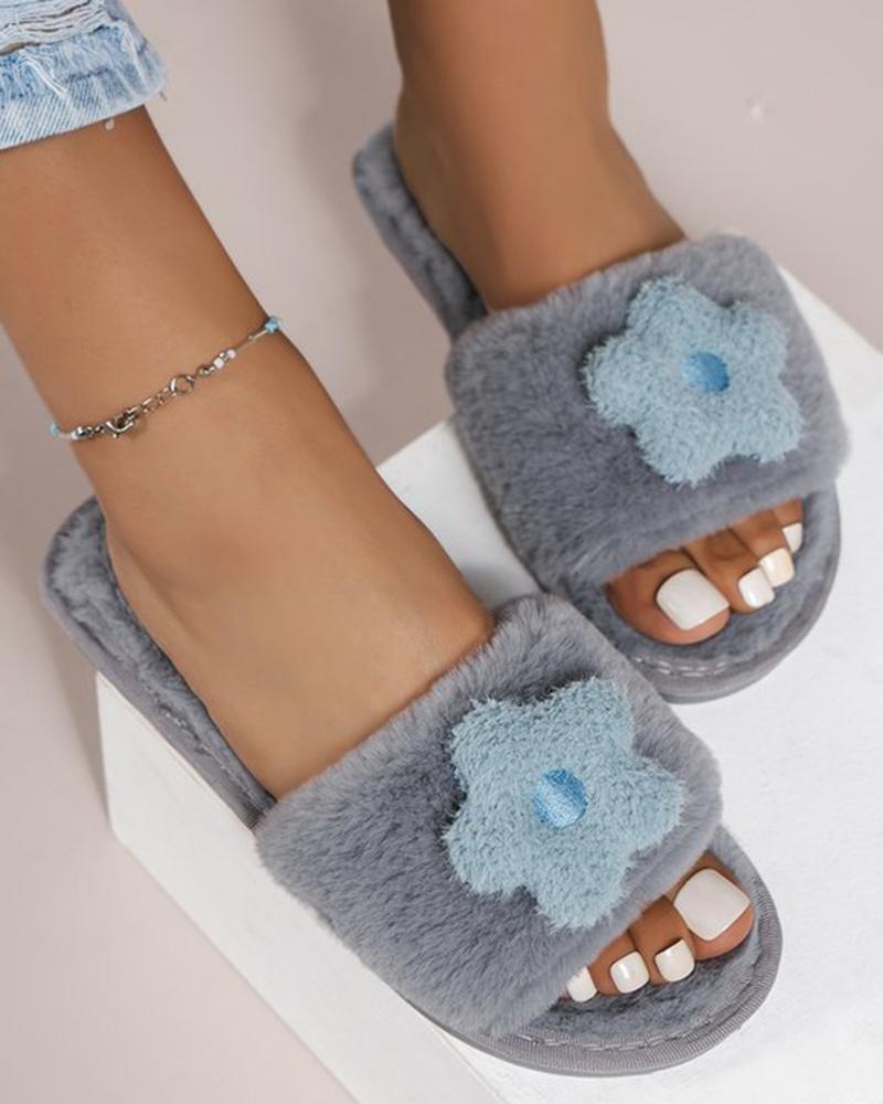 

Floral Pattern Fuzzy Slippers, Gray
