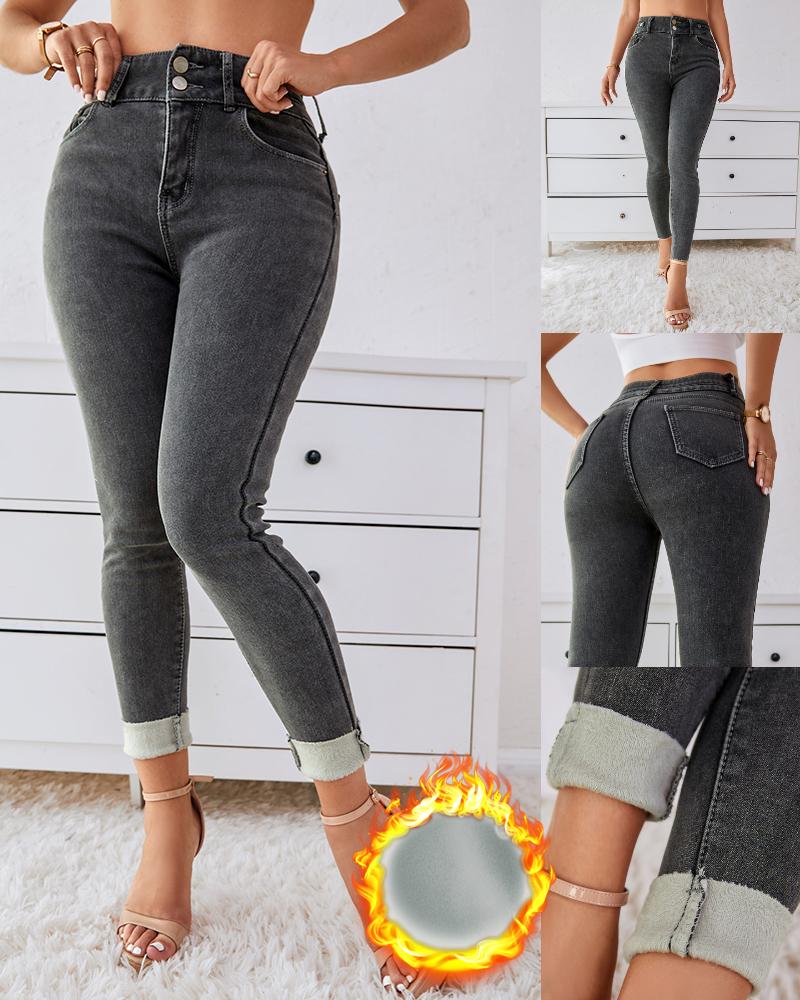 

High Waist Thermal Warm Fleece Lined Jeans, Dark grey