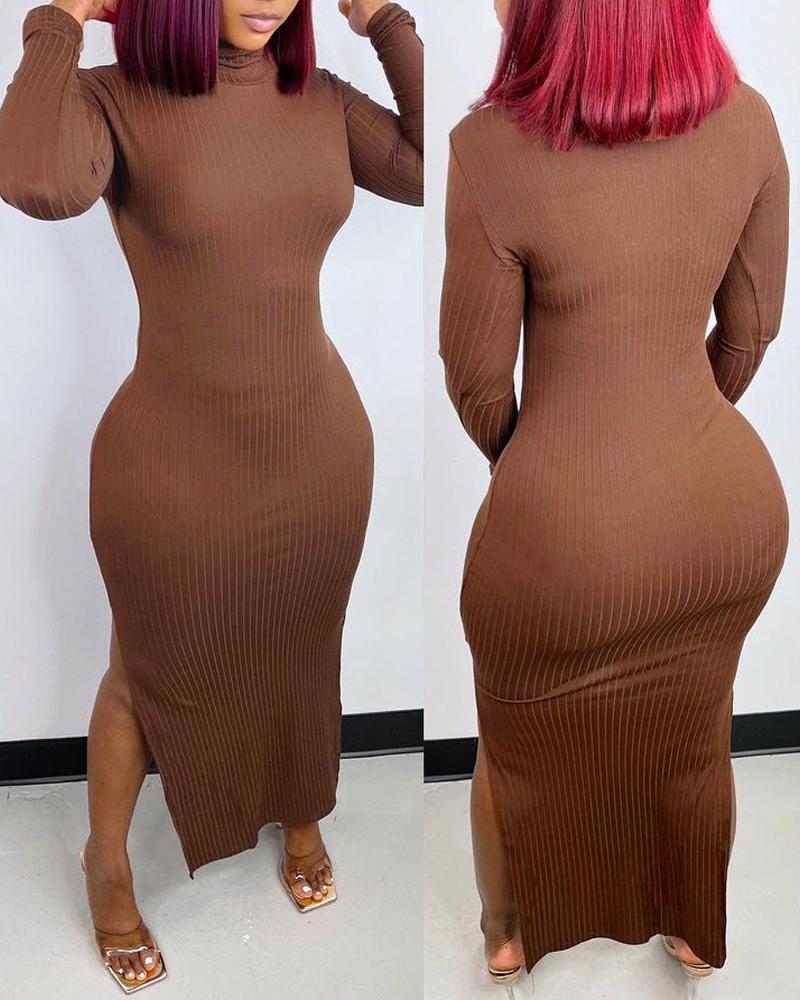 

Ribbed Split Hem Chocolate Bodycon Dress