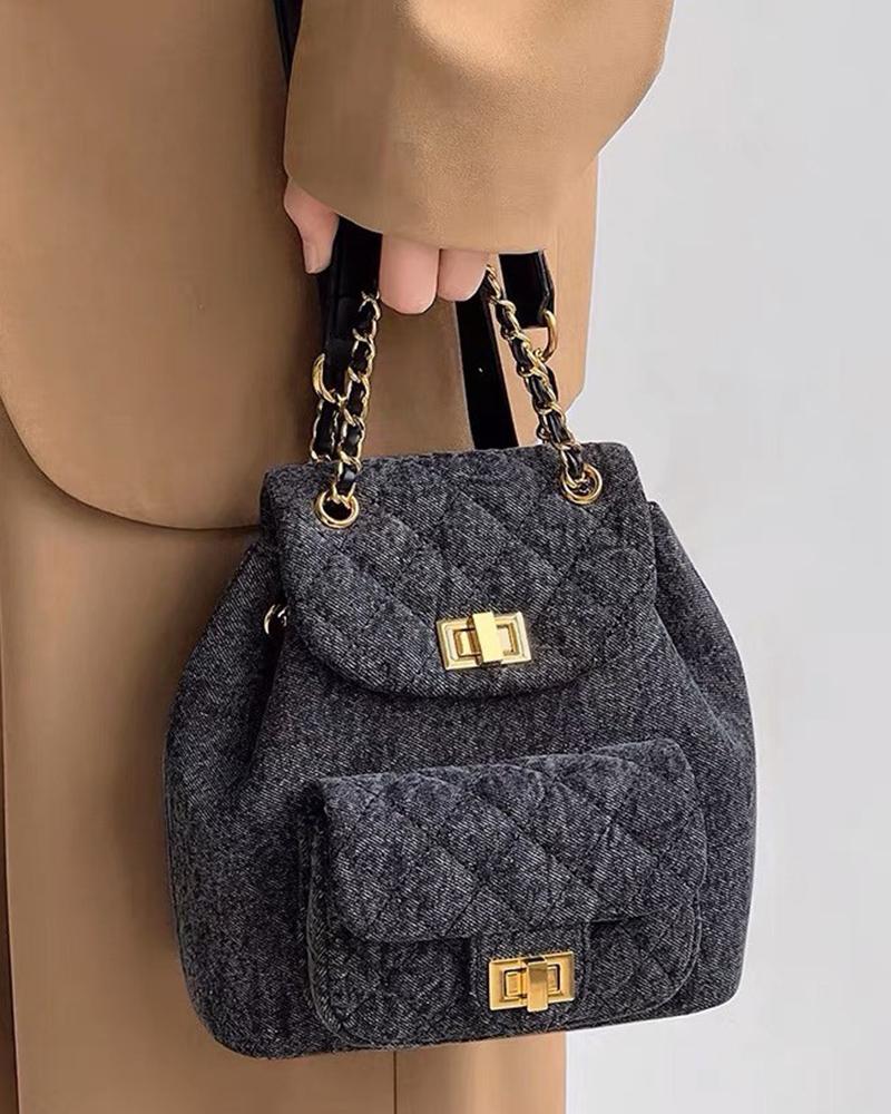 

Chain Decor Pocket Design Canvas Backpack, Black