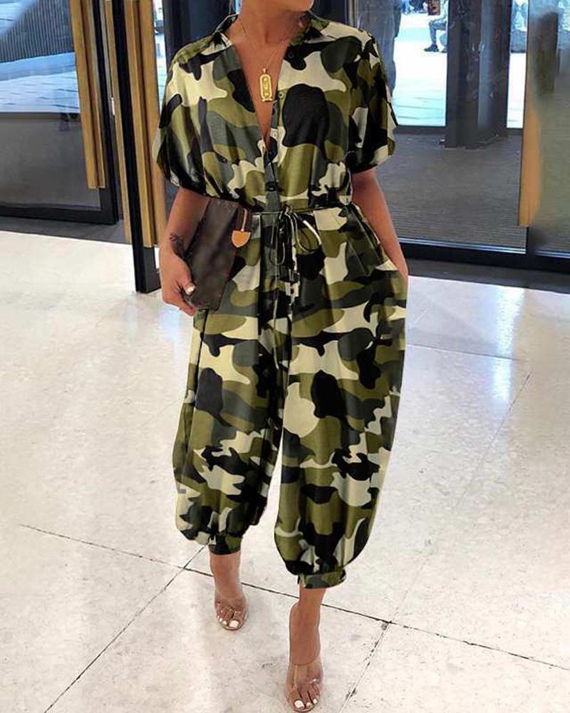 

Plus Size Camouflage Print Button Front Jumpsuit, Green