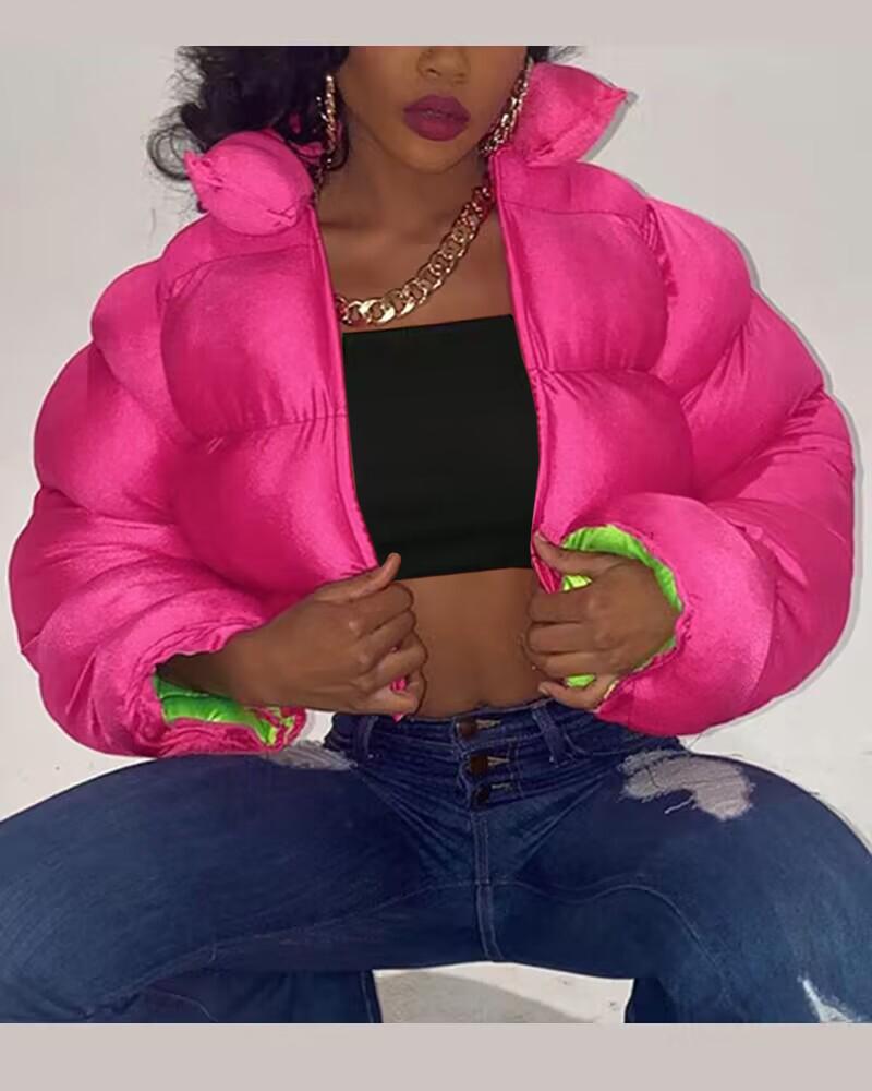

Quilted Long Sleeve Puffer Coat, Hot pink