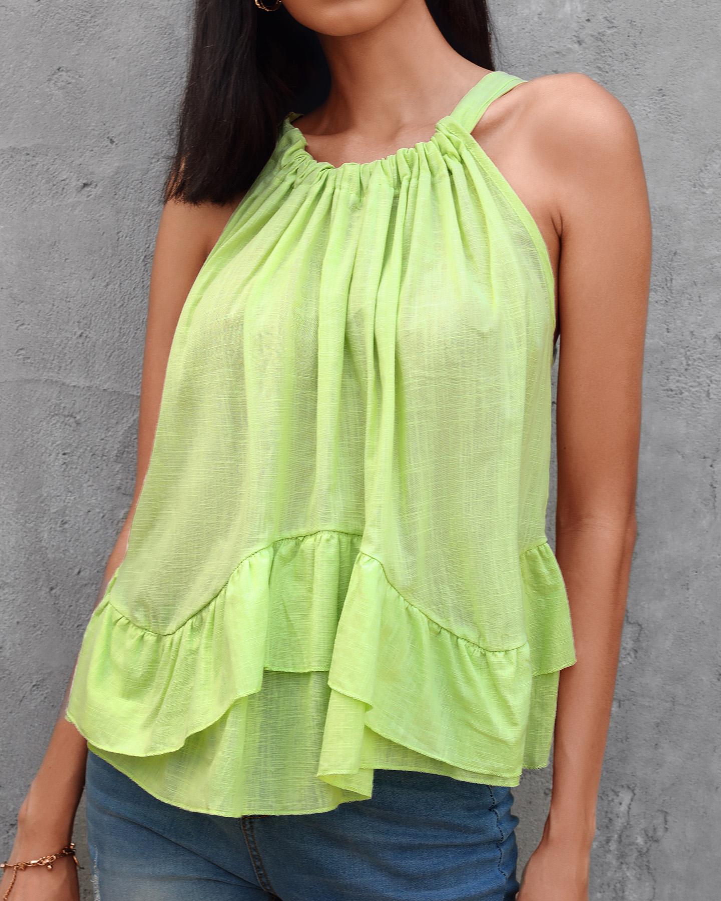 

Halter Ruched Ruffles Sleeveless Casual Top, Light green
