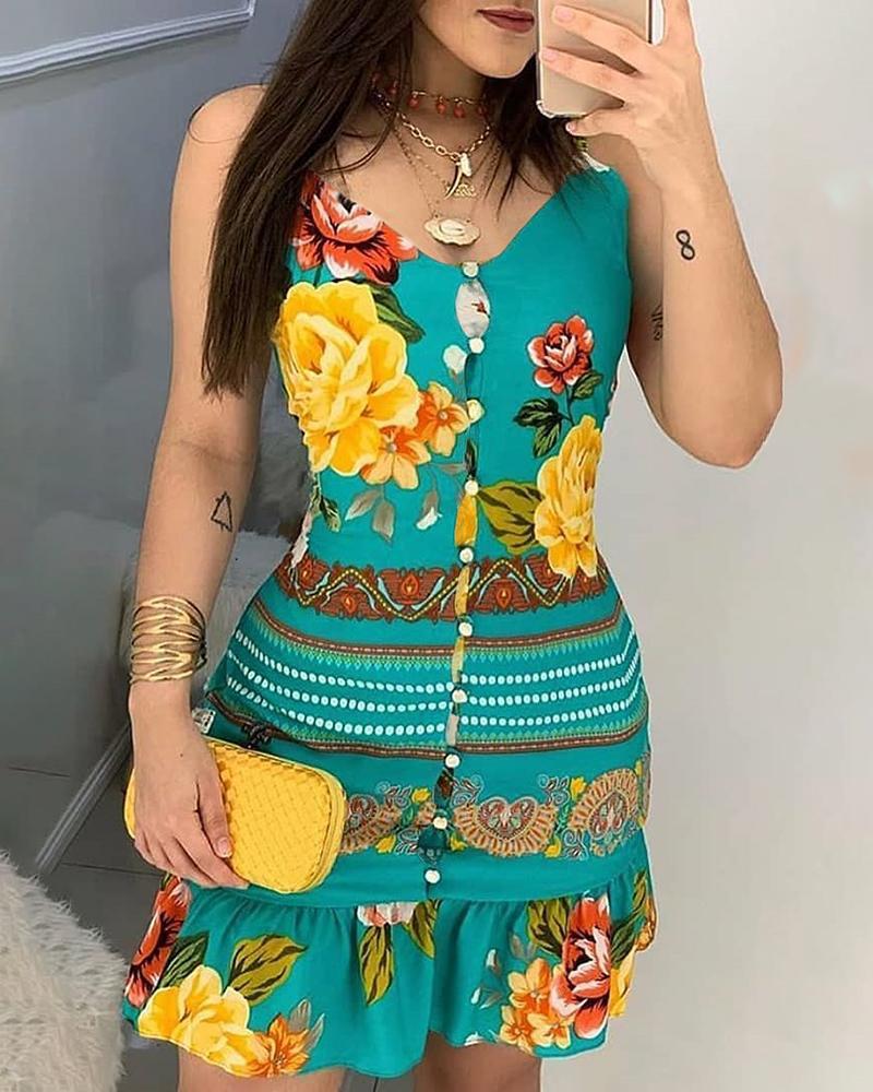 

V-neck Buttoned Design Print Dress, Green