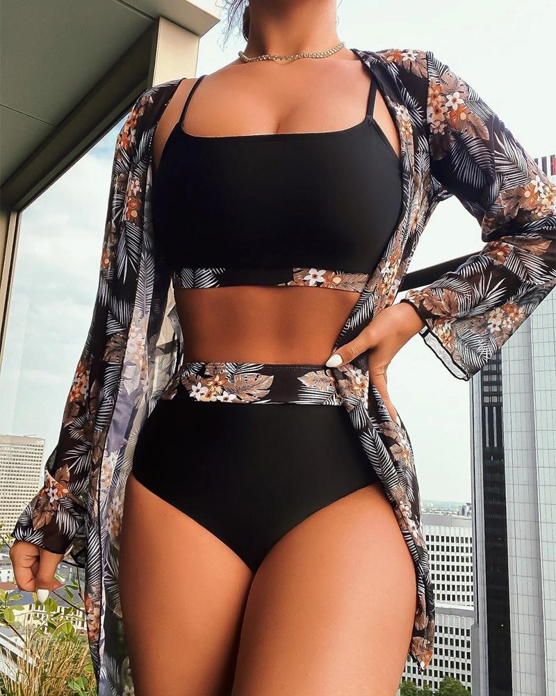 

3PCS Tropical Print High Waist Bikini Set With Cover Up, Black