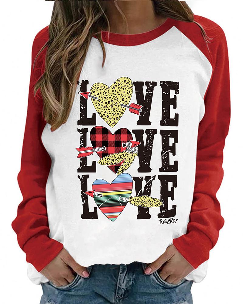 

Valentine' Day Plaid Cheetah Letter Heart Print Colorblock Top, Red