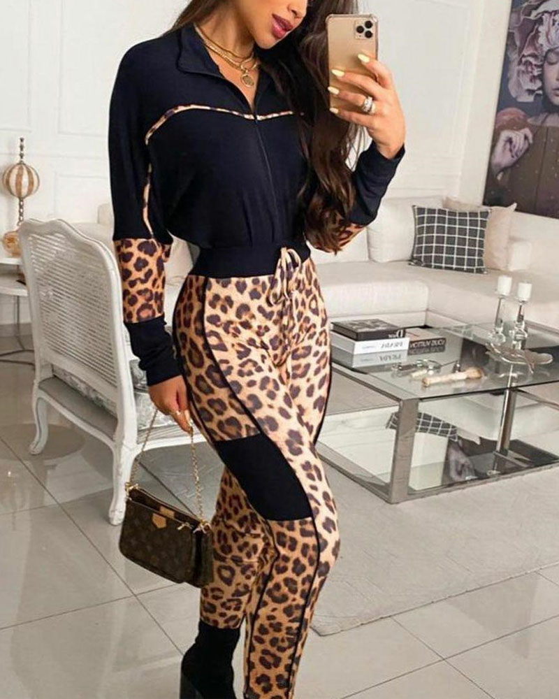 

Leopard Print Zipper Up Top & Drawstring Pants Set, Khaki