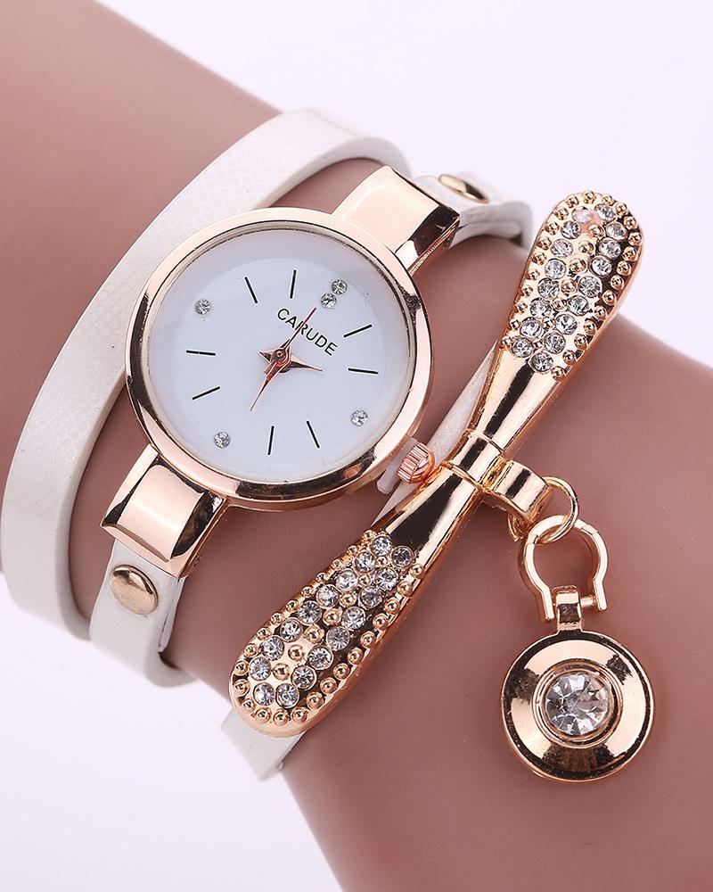 

Minimalist PU Leather Rhinestone Quartz Wrist Watch & Bracelet Set, White