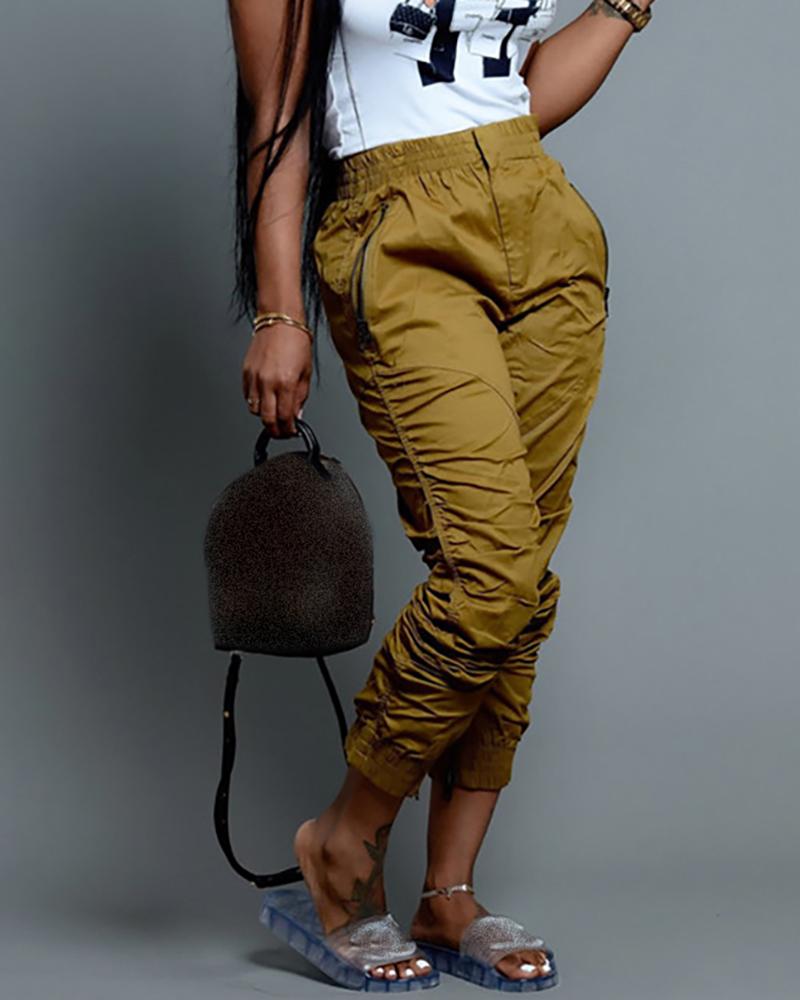 

High Waist Pocket Design Slim Pants, Army green