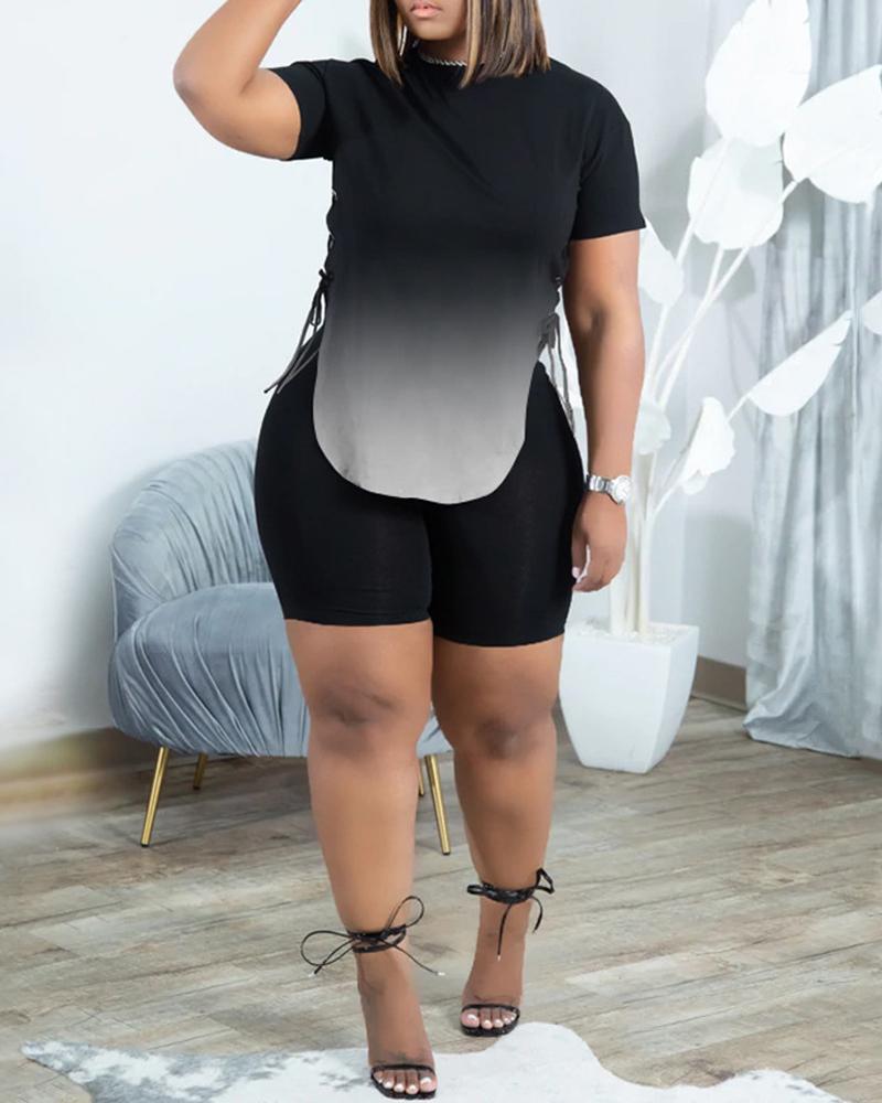 

Plus Size Ombre Eyelet Lace-up Split Hem Top & Shorts Set, Black