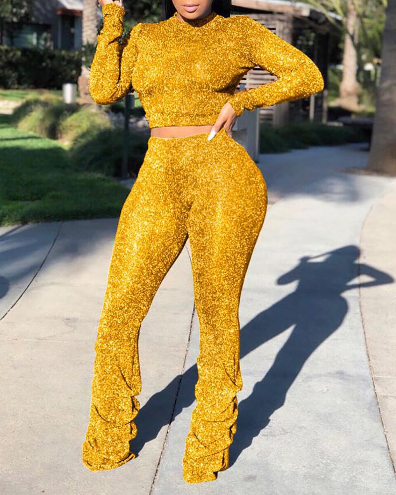 

Long Sleeve Glitter Top & Ruched Pants Set, Yellow