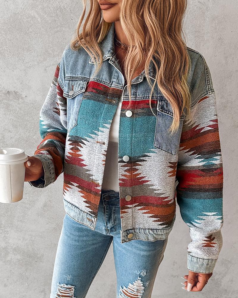 

Aztec Geometric Print Pocket Design Denim Jacket, Blue