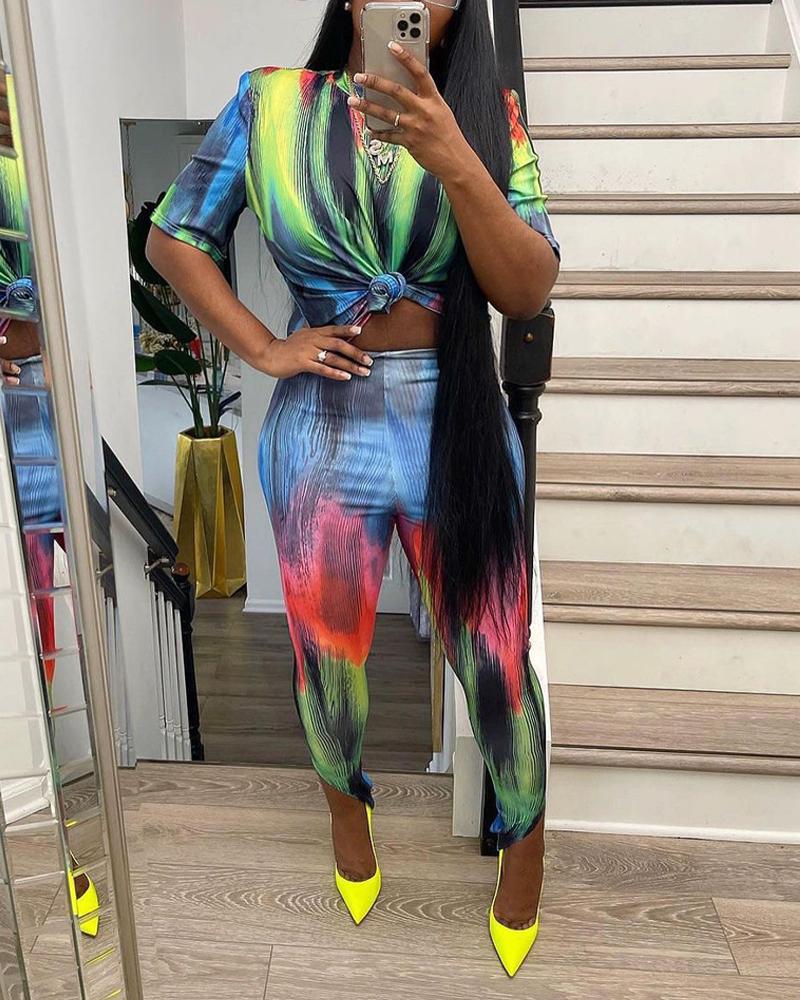 

Tie Dye Print Casual Top & Stirrup Pants Set, Multicolor