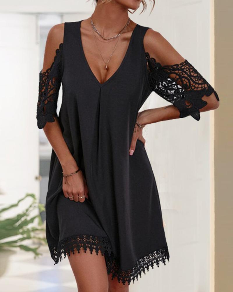 

Contrast Lace Cold Shoulder Casual Dress, Black
