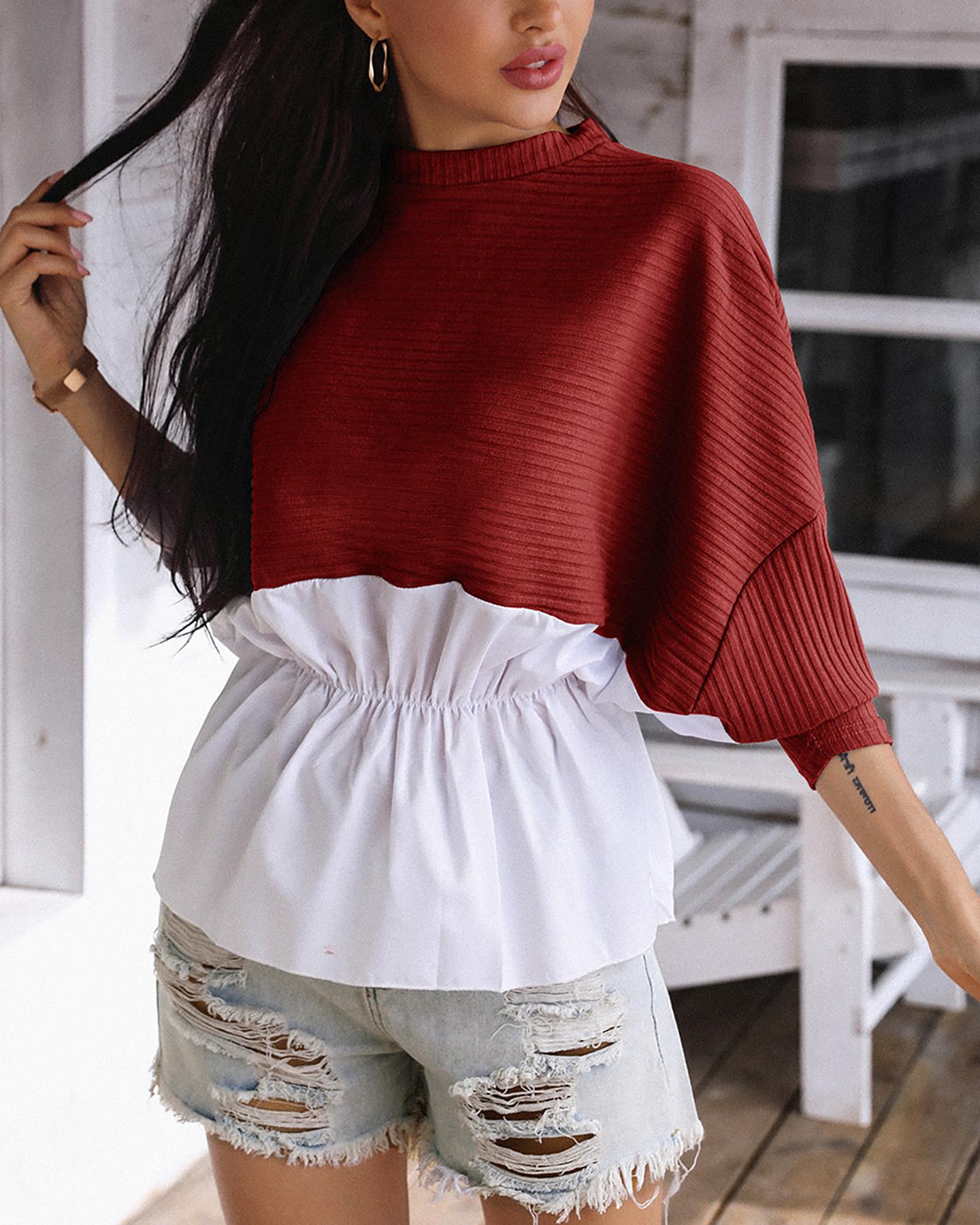 

Colorblock Insert Ruffles Ribbed Batwing Sleeve Blouse, Red