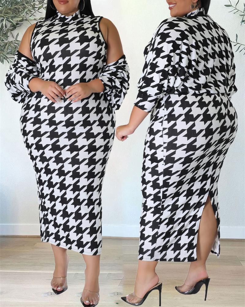 

Plus Size Houndstooth Print Bodycon Dress With Coat, Blackwhite