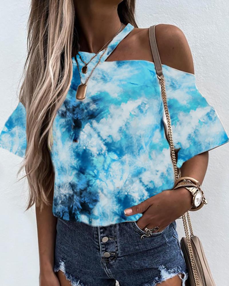 

Tie Dye Print Cold Shoulder Short Sleeve Top, Blue