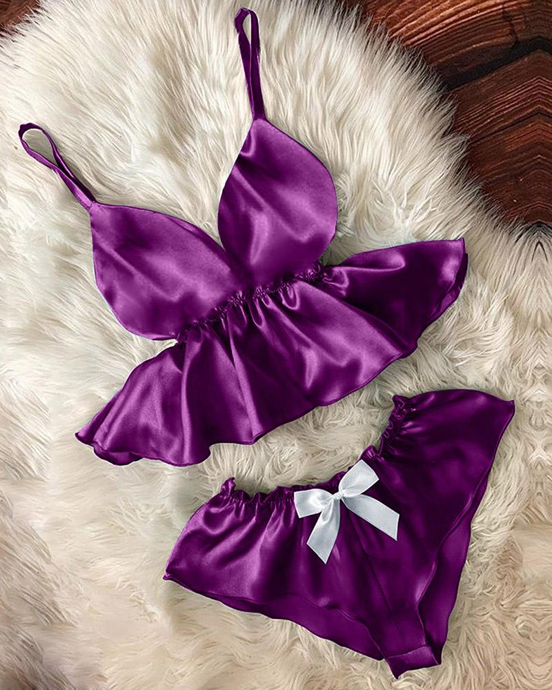 

Ruffles Bowknot Decor Spaghetti Strap Lingerie Set, Purple