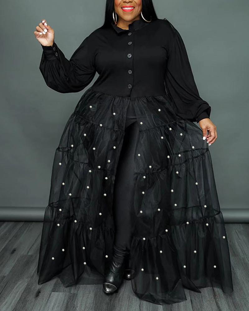 

Plus Size Beaded Decor Contrast Mesh Shirt Dress, Black
