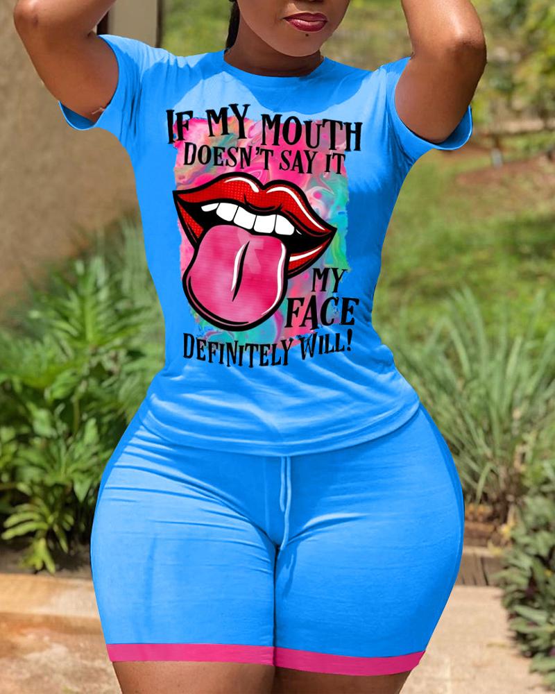 

Plus Size Lip Letter Print Casual Top & Drawstring Shorts Set, Blue
