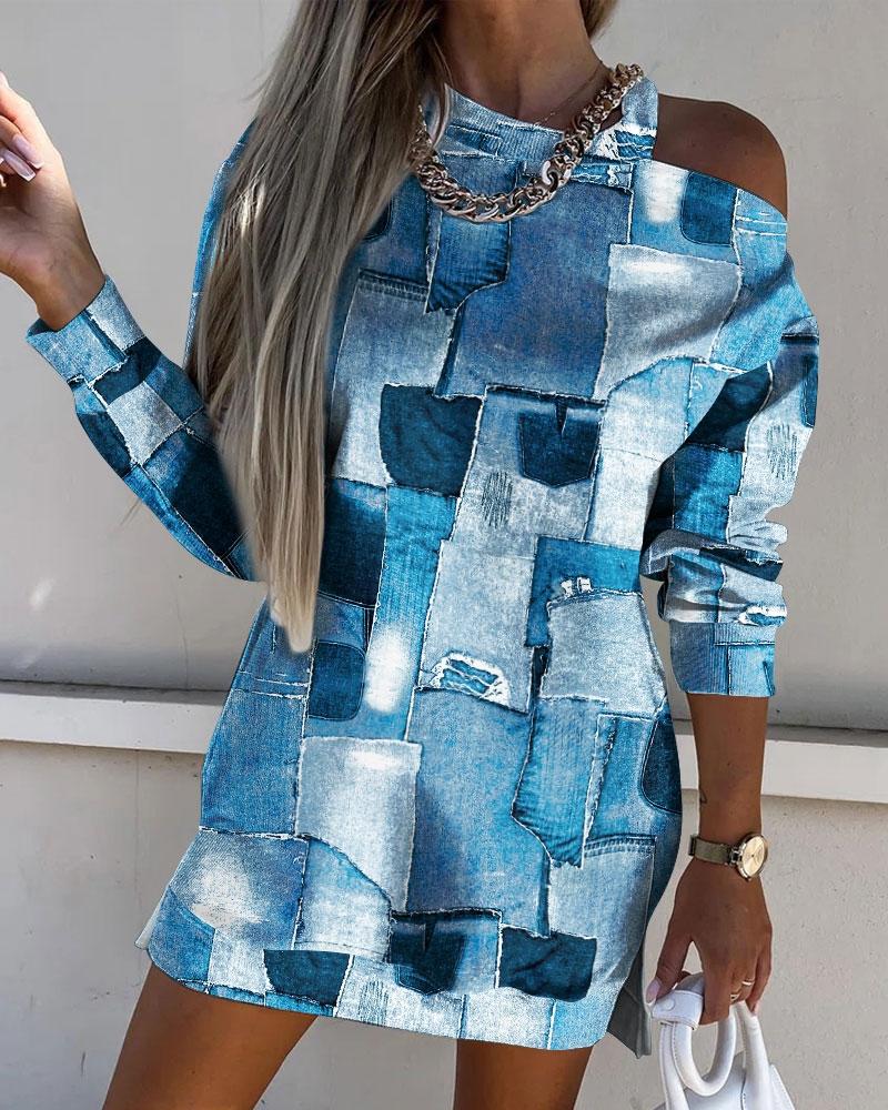 

Denim Look Print Cold Shoulder Long Sleeve Dress, Blue