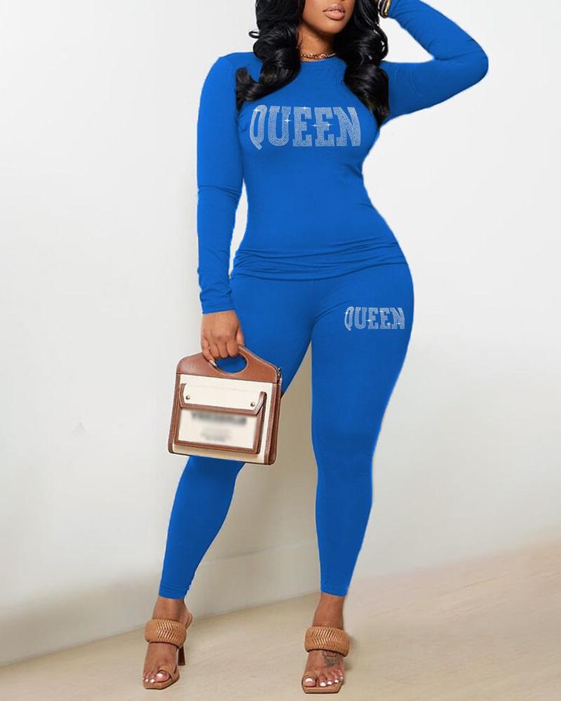 

Rhinestone Letter Pattern Long Sleeve Top & Pants Set, Blue