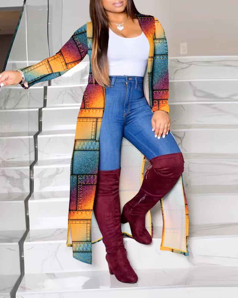 

Plus Size Denim Look Print Rainbow Ombre Slit Longline Coat, Multicolor