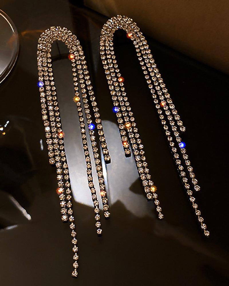 

1Pair Allover Rhinestone Tassel Dangle Earrings, Gold