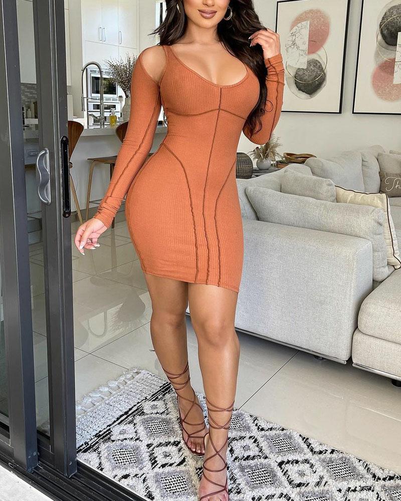 

Cold Shoulder Contrast Stitch Bodycon Dress, Khaki