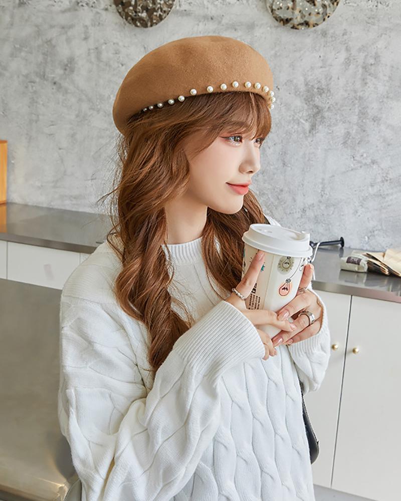 

Beaded Trim Casual Beret, Khaki