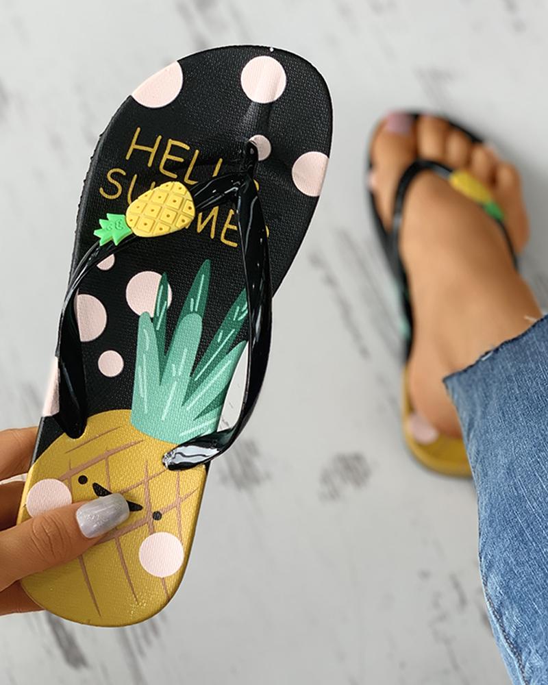 

Pineapple Pattern Open Toe Flip Flops, Black