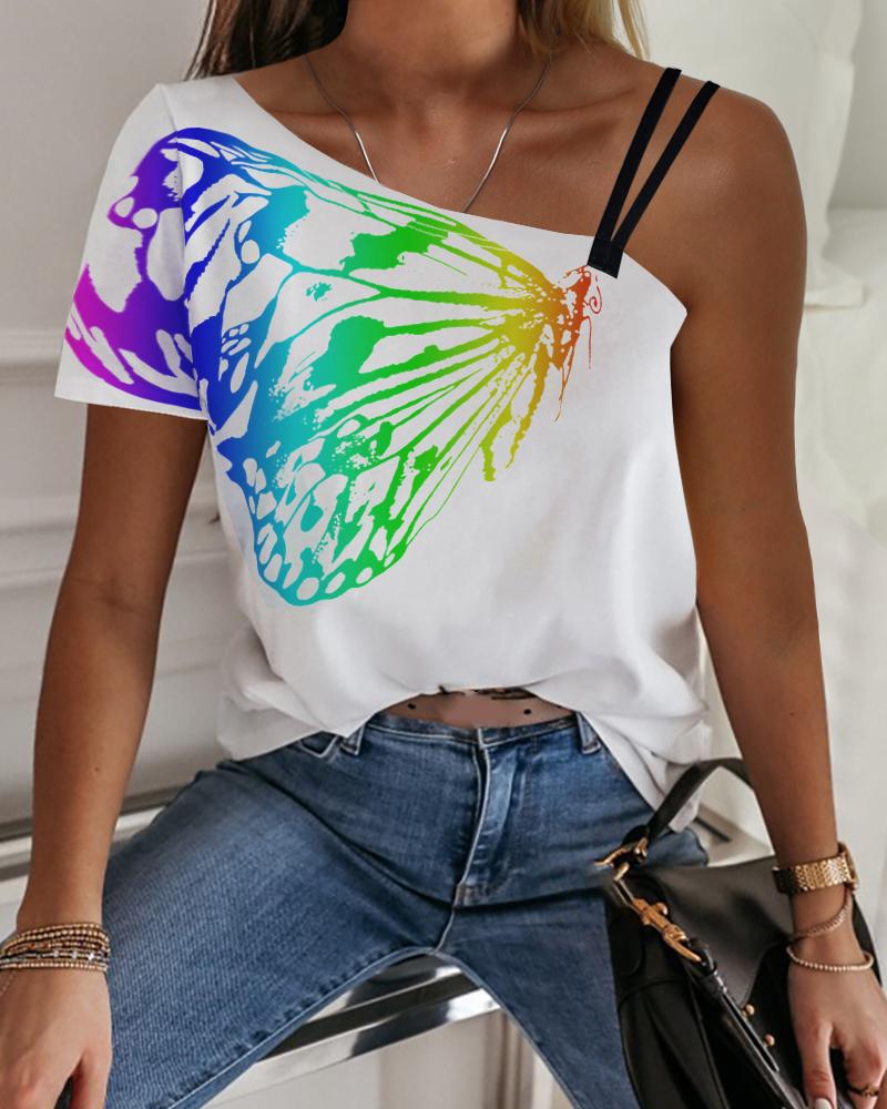

One Shoulder Butterfly Print Casual T-shirt, Multicolor