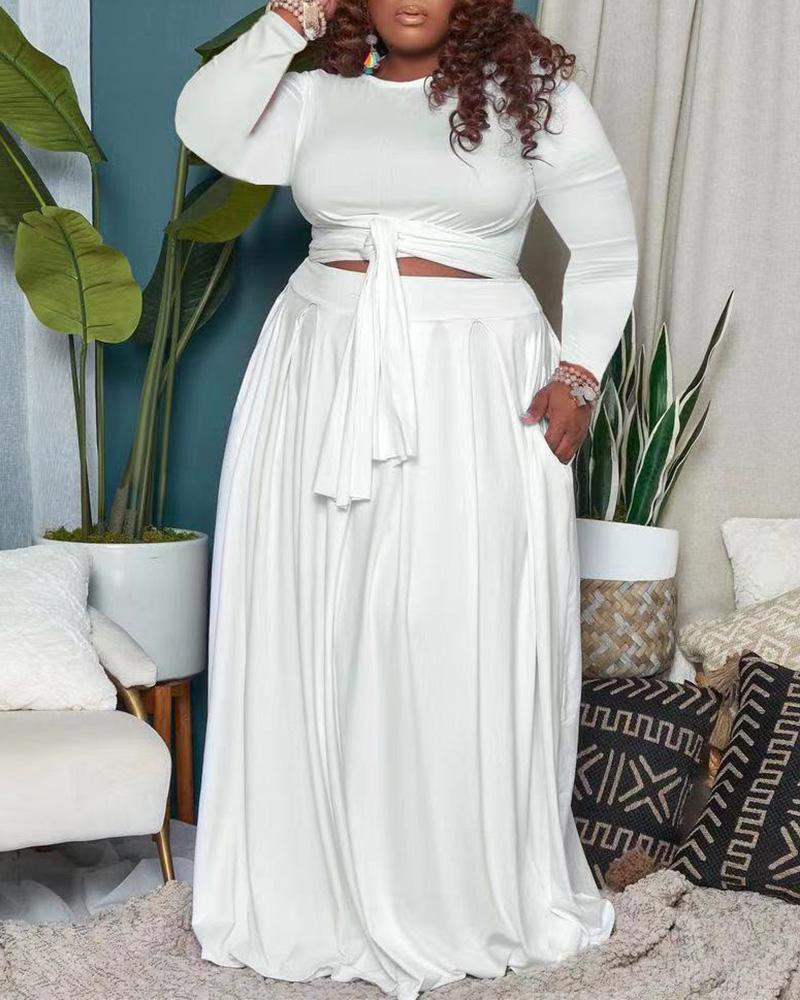 

Plus Size Tied Detail Top & Pocket Design Skirt Set, White