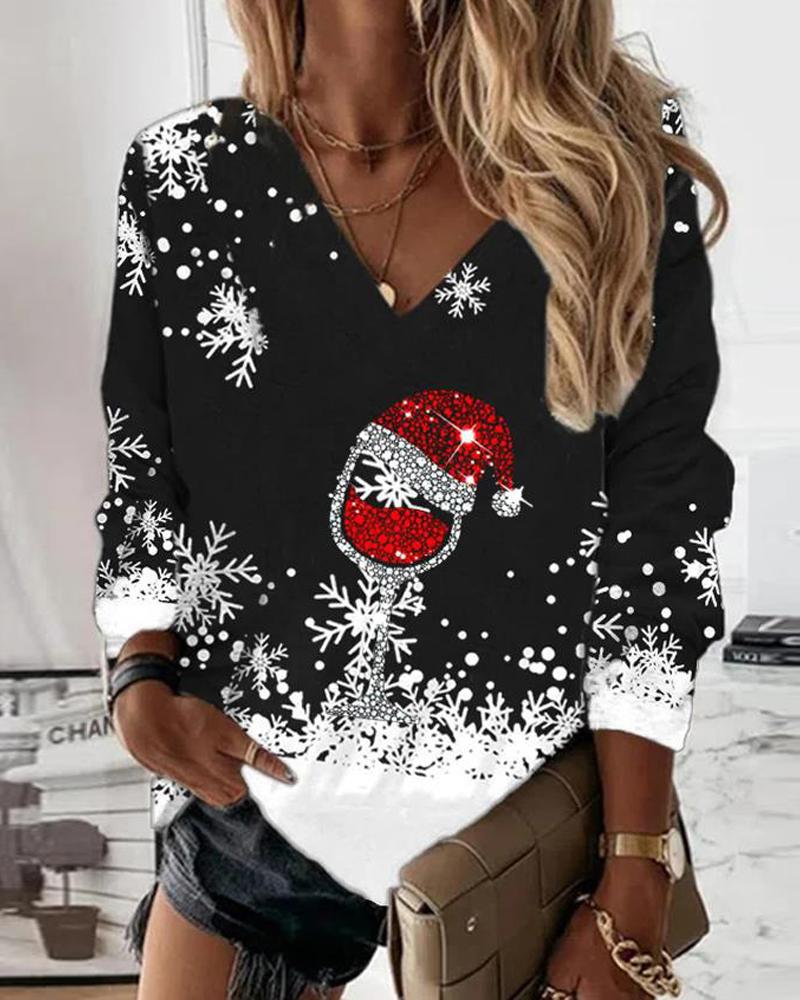 

Christmas Snowflake Wine Glass Print Long Sleeve Top, Black