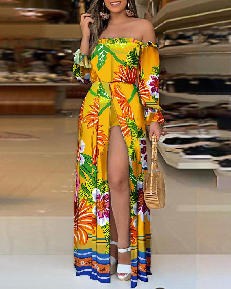 

Off Shoulder Floral Print High Slit Dress Set, Yellow