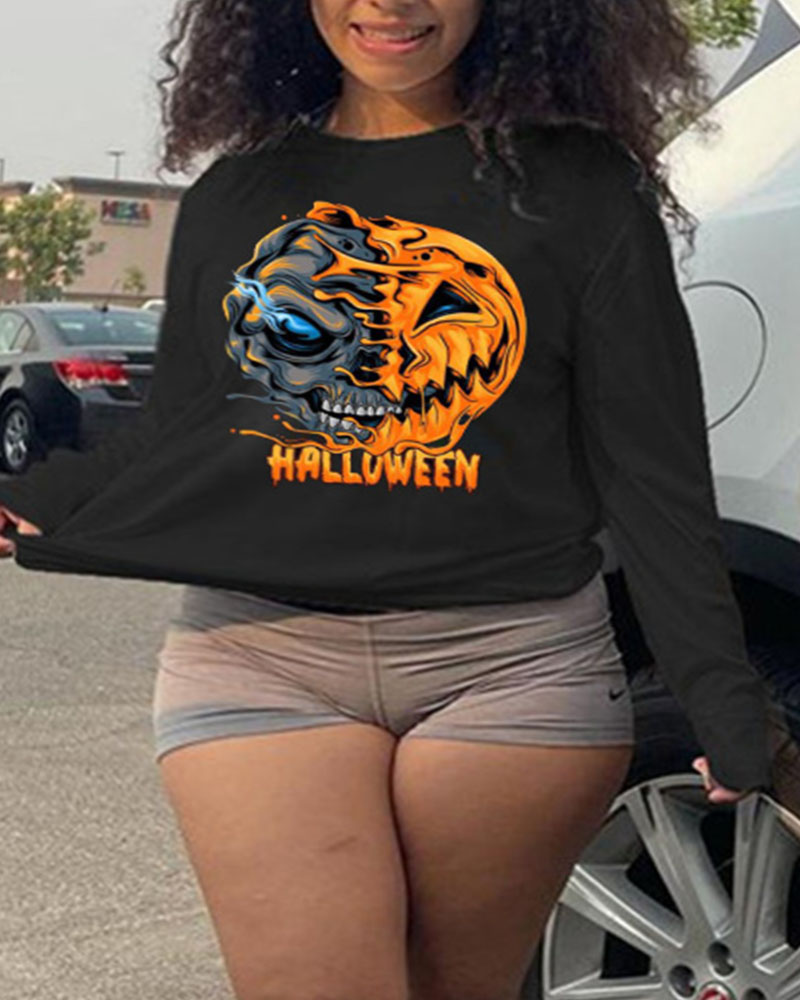 

Plus Size Halloween Skull Print Long Sleeve Top, Black
