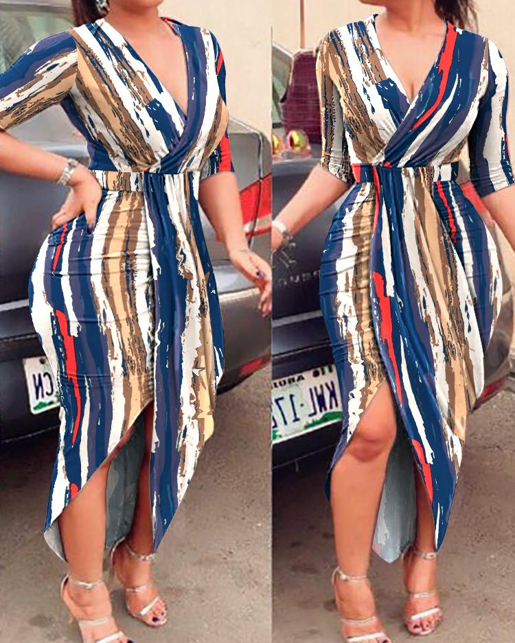 

Half Sleeve V-Neck Abstract Print Dress, Multicolor