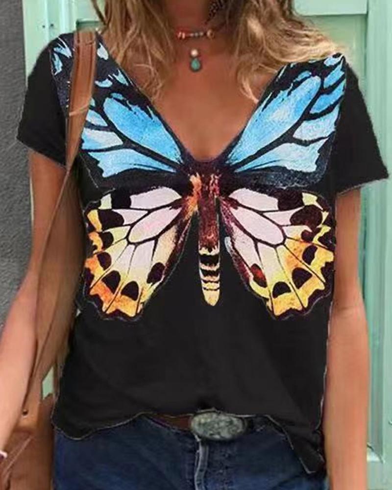 

Butterfly Print Short Sleeve Loose T-shirts, Black