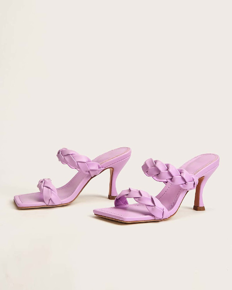 

Square-toe Solid Color Weave Open-toe High Heels, Purple