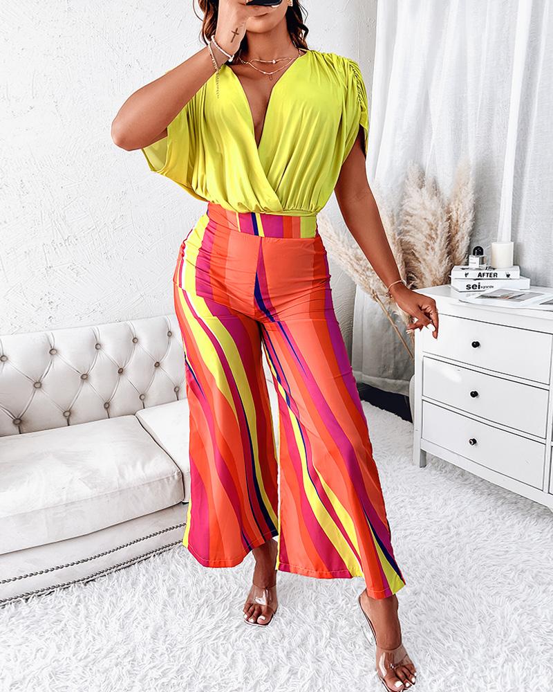 

Batwing Sleeve Wrap Top & Allover Print Wide Leg Pants Set, Yellow