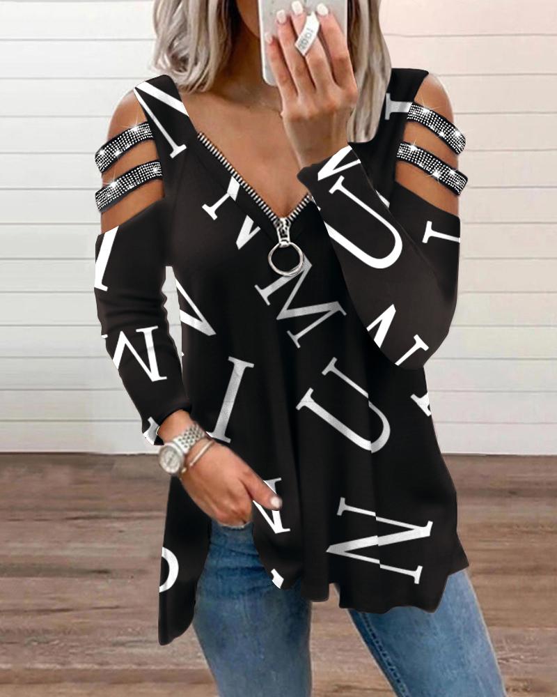 

Letter Print Rhinestone Strap Cutout Zip Front Top, Black