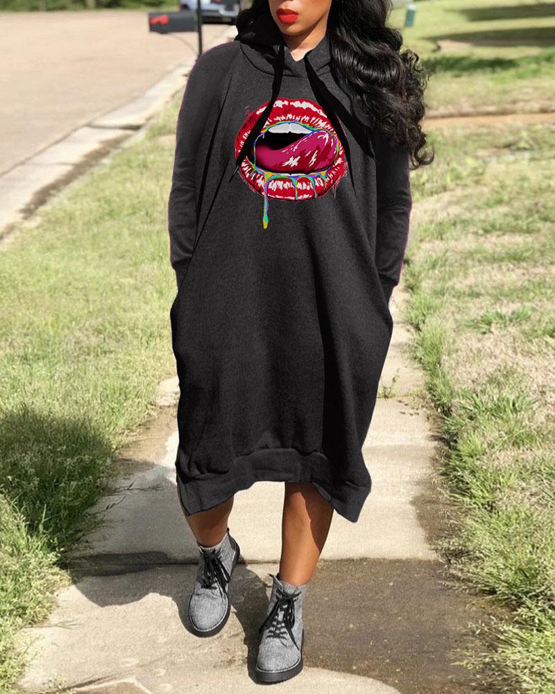 

Lip Print Split Hem Drawstring Hooded Sweatshirt Dress, Black