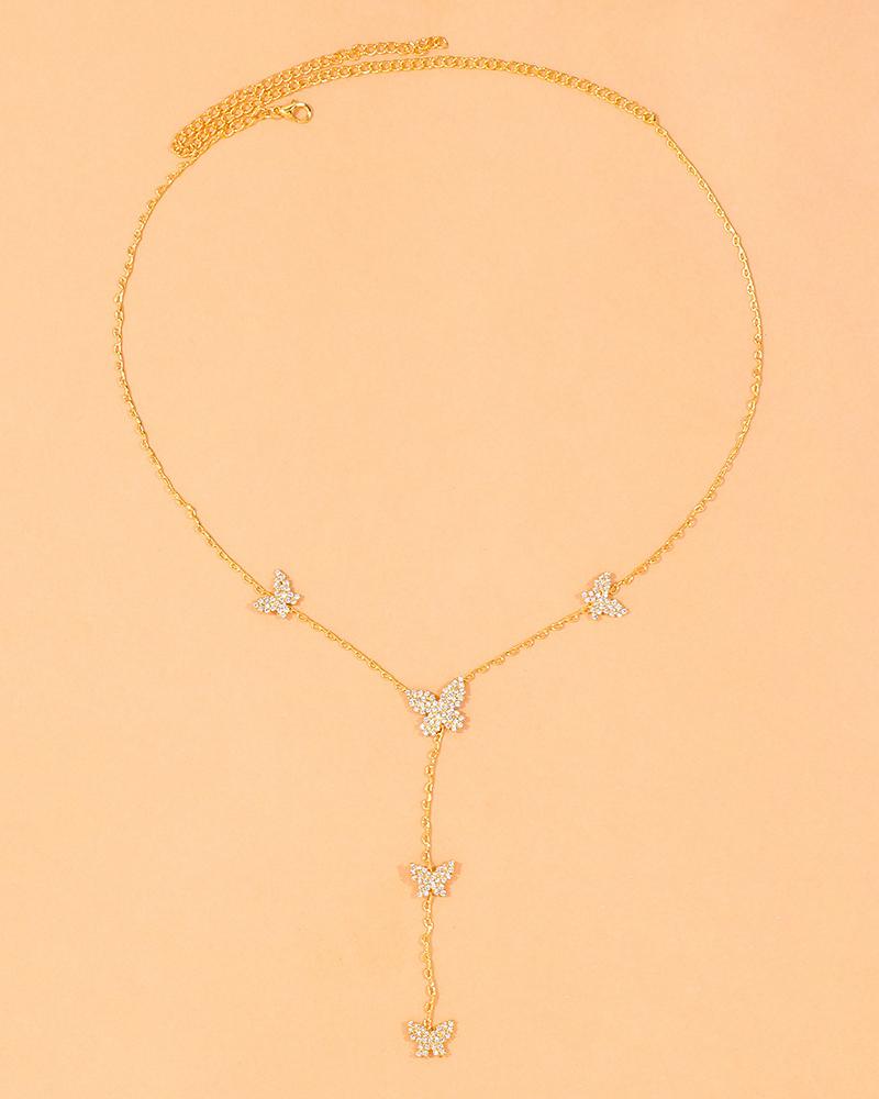 

1pcs Butterfly Tassel Decor Rhinestone Necklace, Gold