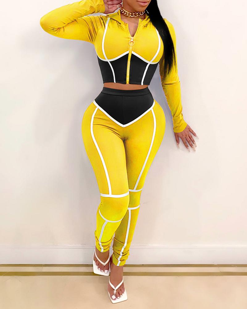 

Colorblock Bustier Hooded Top & High Waist Pants Set, Yellow