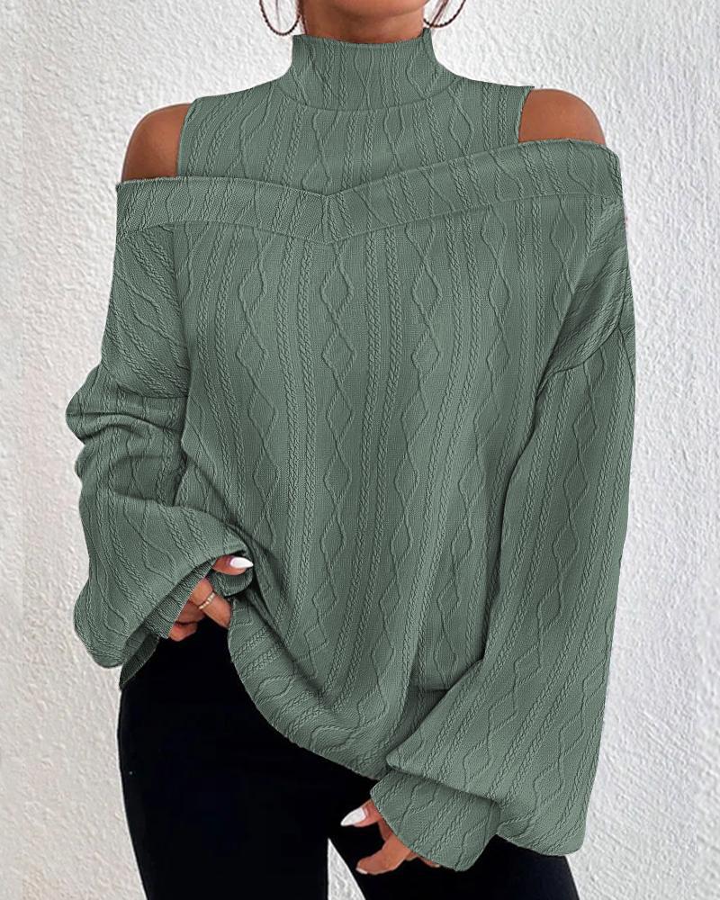 

Lantern Sleeve Cold Shoulder Cable Textured Top, Green