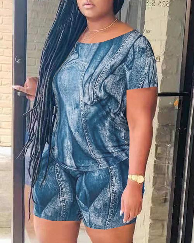 

Denim Look Print Casual Top & Shorts Set, Lighted blue
